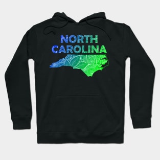 Colorful mandala art map of North Carolina with text in blue and green Hoodie